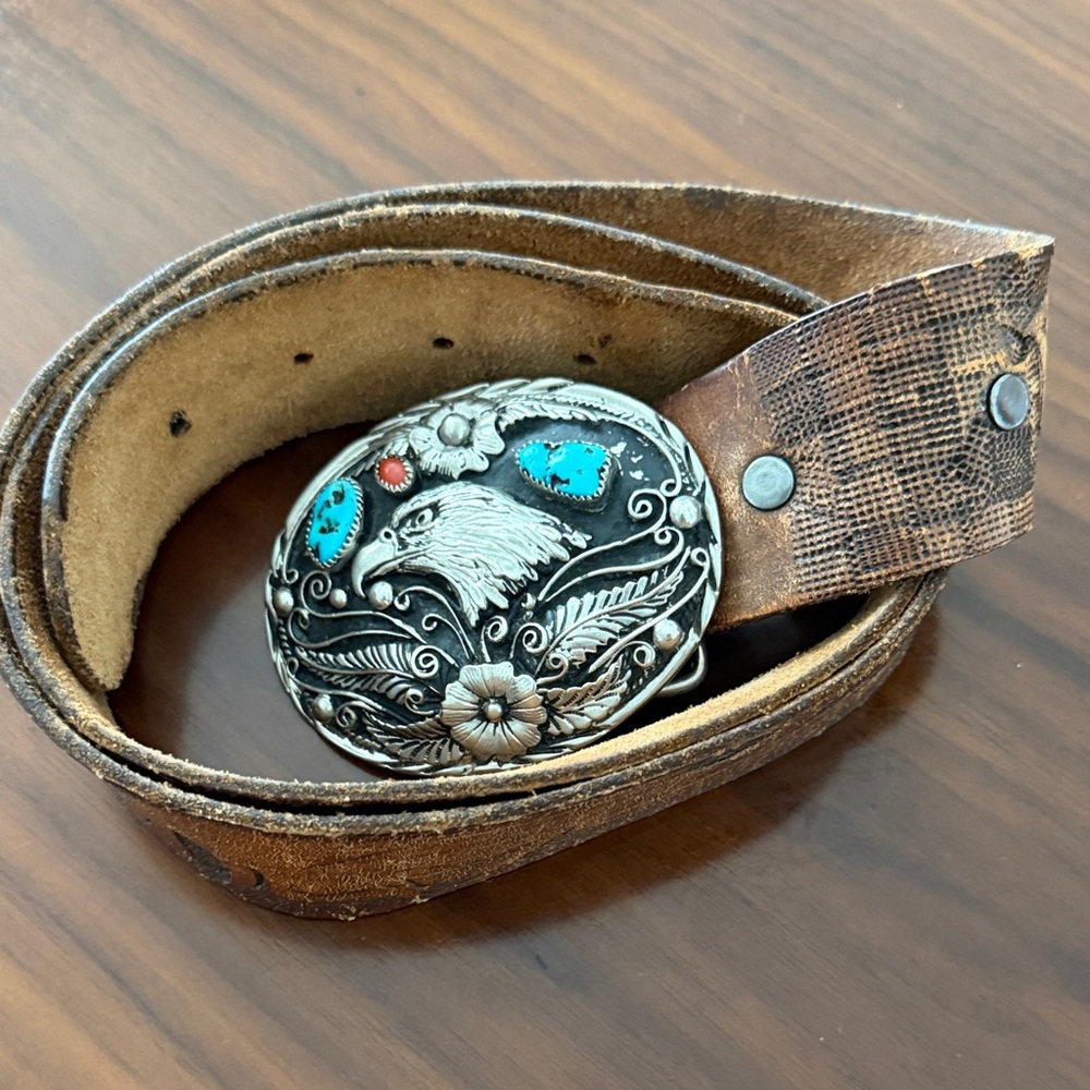 Western Eagle Floral Belt Buckle with Turquoise Accents